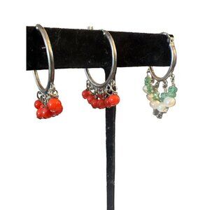Sterling Coral Real Pearl Dangle Hoop 3 Pierced Earrrings Boho